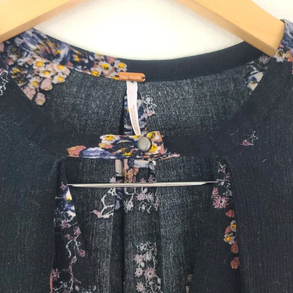 Free People Sz S Sleeveless Black Floral Swing Mini Dress Pockets Gauzy Boho - Picture 4 of 14
